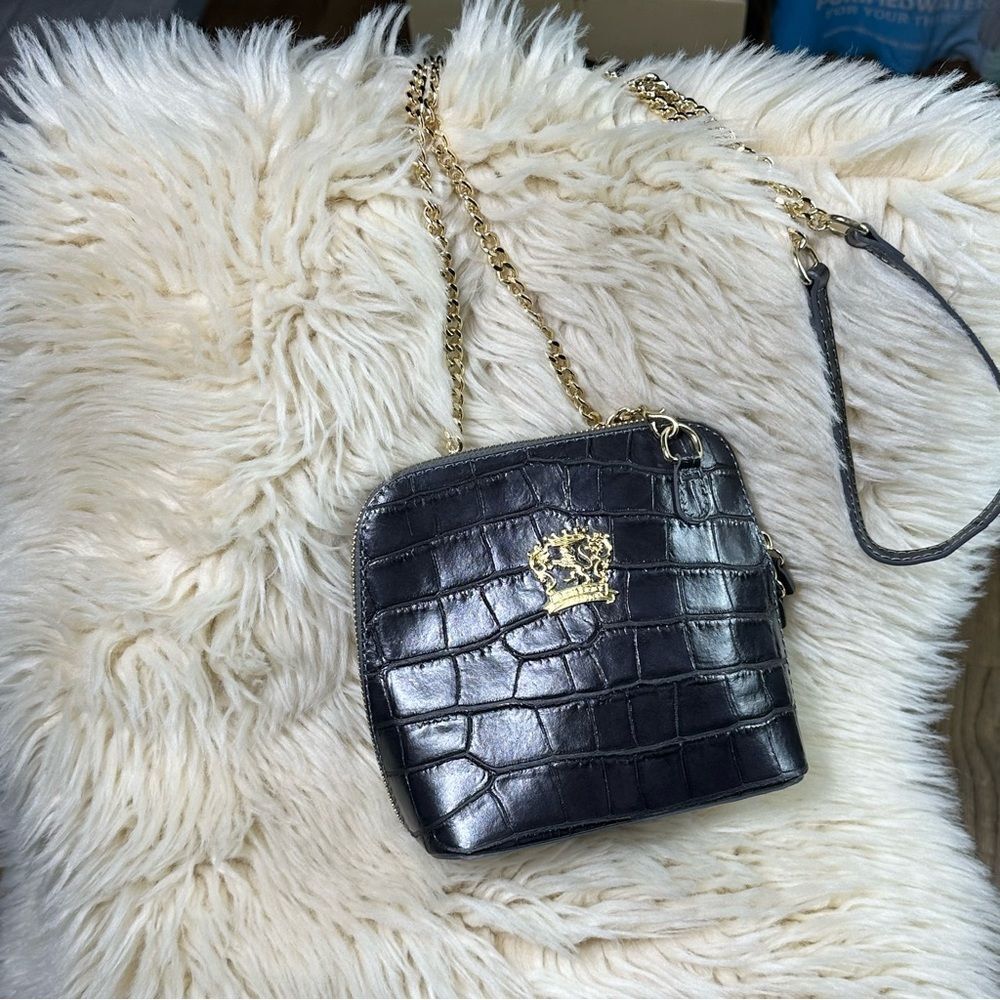 Peruzzi Firenze Black Croc Embossed Leather Crossbody Bag Gold Chain Italy